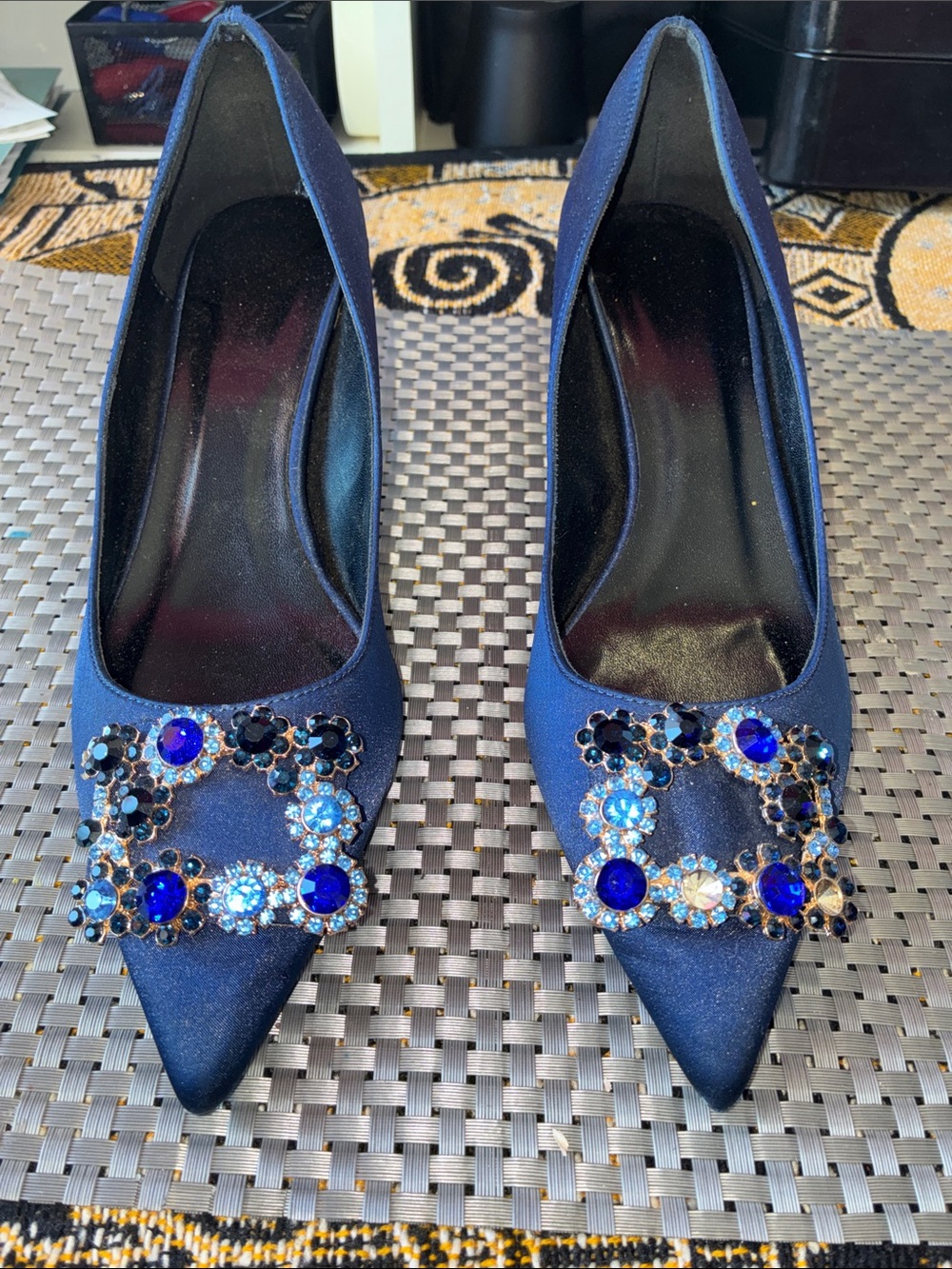 Women's Navy Blue Jeweled Pointed-Toe Pumps